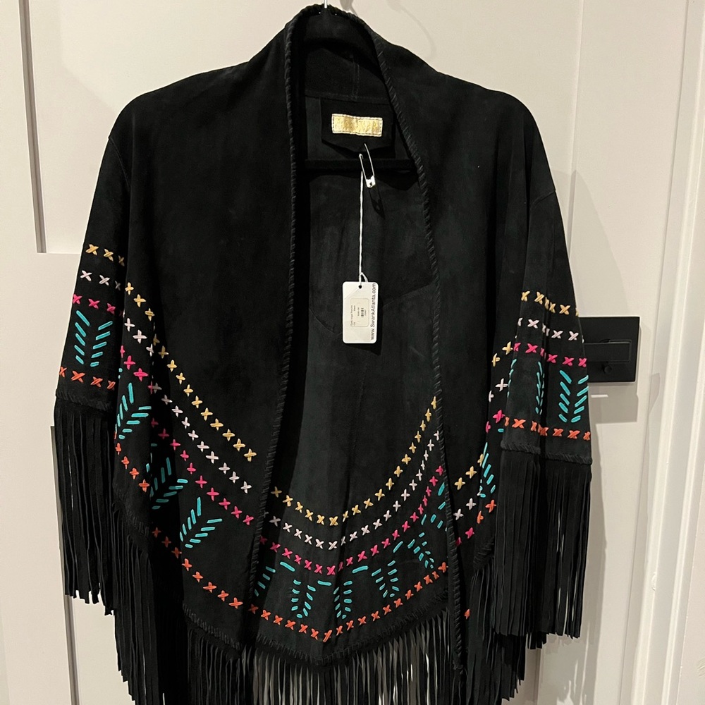 Earth Angel Poncho Jacket w/fringe in Black w/multi-color Stitching